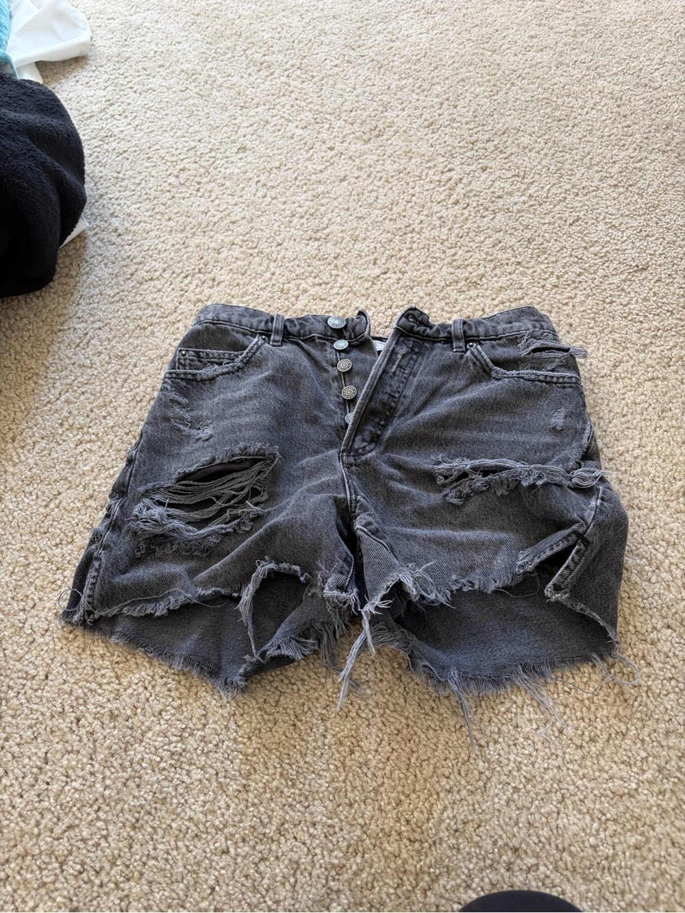 High-Rise Distressed Black Denim Shorts